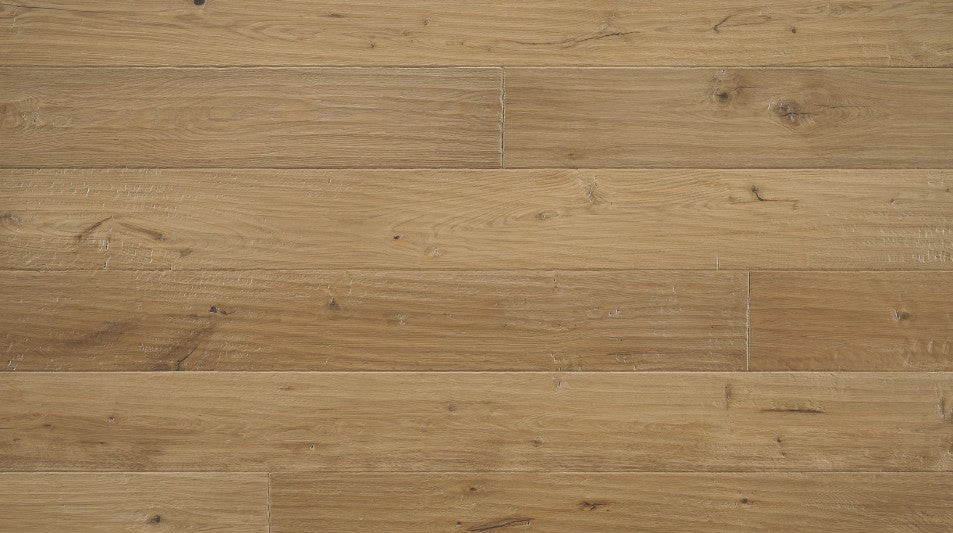 Clayborn 7-1/2 inch wide white oak engineered hardwood flooring in natural brown color with distressed hand-scraped texture