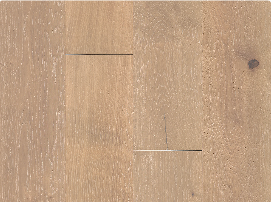 Cobblestone engineered hardwood flooring by Fuzion showing wire brushed oak texture, 4mm veneer layer, and wide plank detail, available at Advanced Flooring Waterloo.