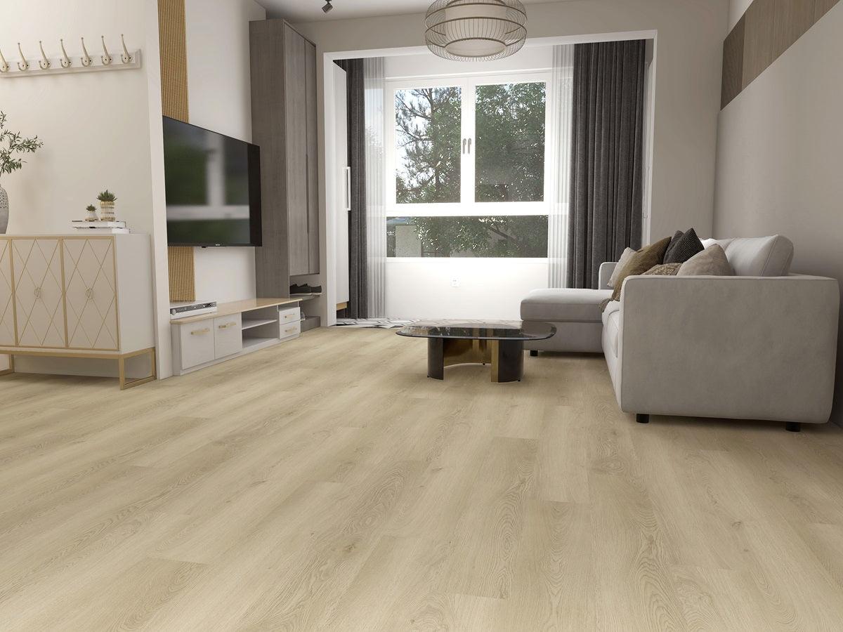 Beautiful room with 6mm vinyl flooring installed in the colour 610 by Woden Flooring sold by Advanced Flooring in Kitchener-Waterloo.