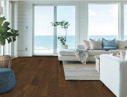 Coral Haven engineered oak hardwood flooring installed in a modern interior with wide 7-1/2" planks & 2mm Veneer. Canada-wide delivery Available. 