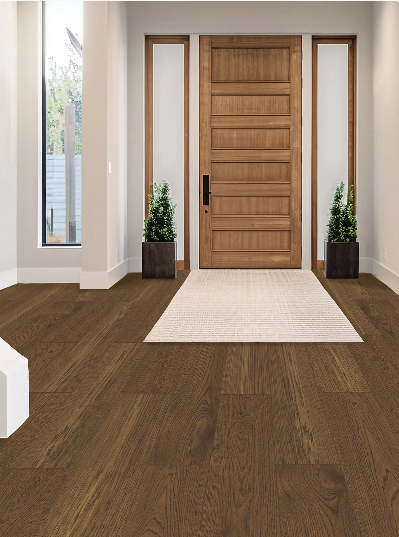 Courtly Cream engineered oak hardwood flooring installed in a modern room, featuring wide 7-1/2 inch planks, 2mm veneer layer, and natural wire-brushed finish. 