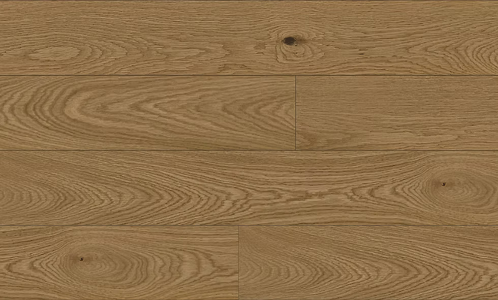 Close-up of Creamwood ABC engineered hardwood flooring from Woden showing 6-1/2" wide plank and 4mm Veneer layer. 