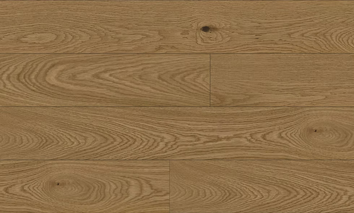 Close-up of Creamwood ABC engineered hardwood flooring from Woden showing 6-1/2" wide plank and 4mm Veneer layer. 