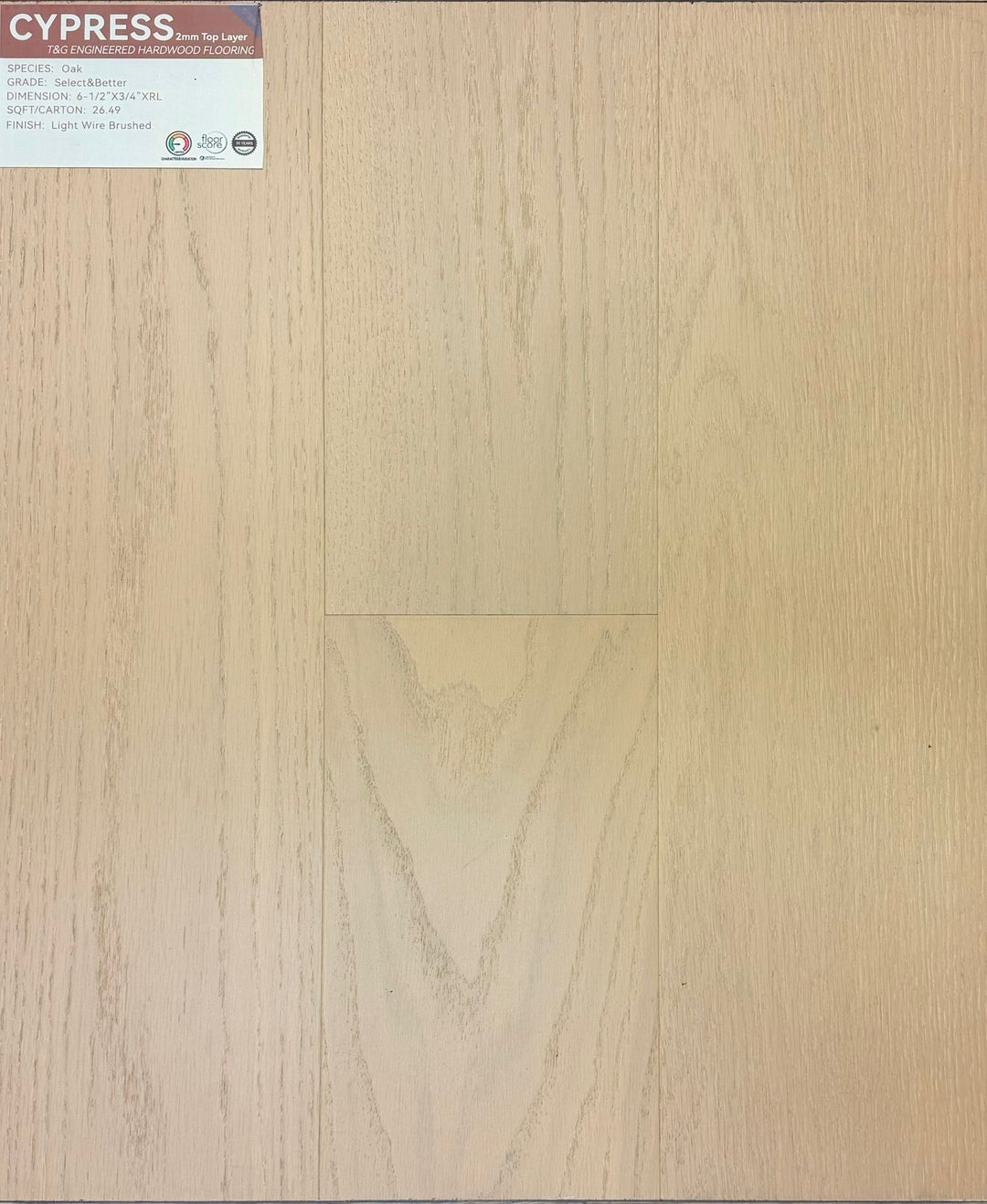 Cypress Weiss engineered hardwood sample, 2mm top veneer layer and tough and groove installation system. Available at Advanced Flooring Waterloo.