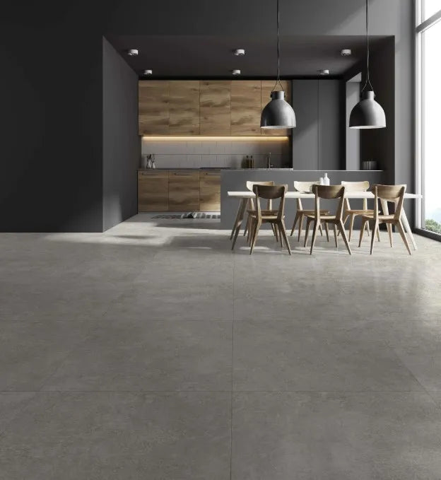 Purelux's Dayton 5 mm SPC vinyl tile from the Dynamic Tile Drop Series is installed in a modern house, showcasing a realistic tile look. Available at Advanced Flooring. 