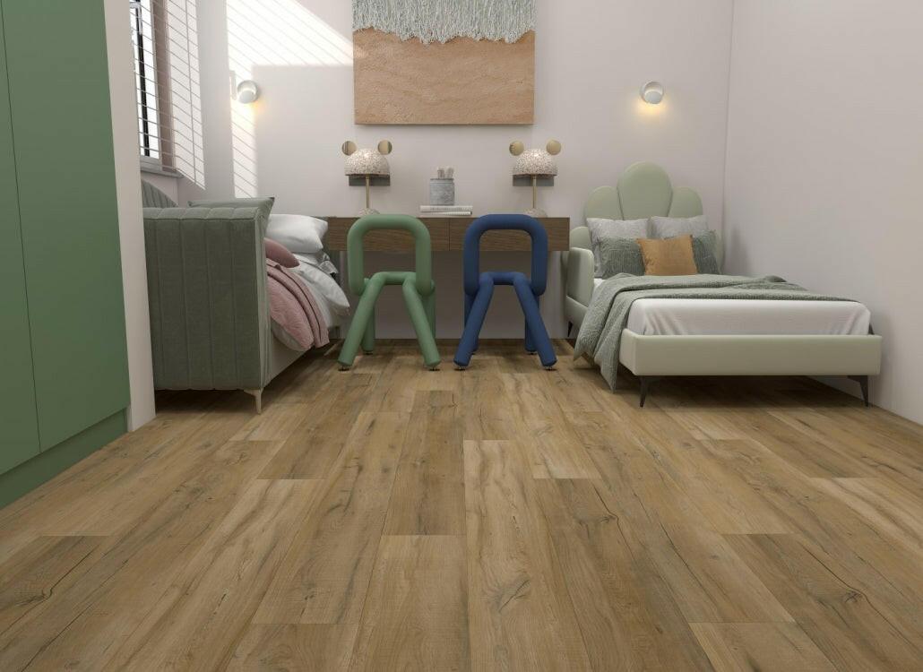 Bedroom with Deerhurst AQUAPLUS Select Vinyl flooring 7mm SPC with attached pad installed