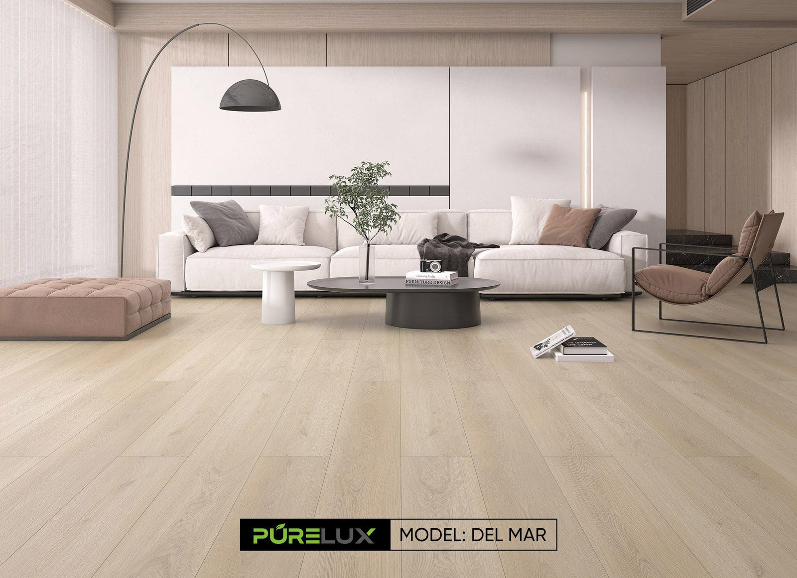 A bright and inviting room showcasing the rich, beige tones of Purelux vinyl plank flooring.