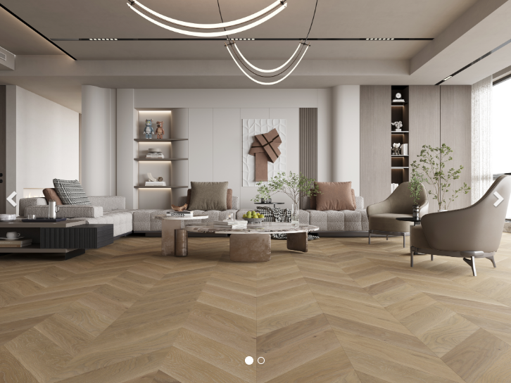 Room view of Driftwood American Oak engineered hardwood flooring planks installed in chevron style.