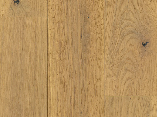 Close-up of Dune Crest engineered oak hardwood flooring by Fuzion’s Coastline Collection, featuring a wire-brushed texture, 7 1/2" x 1/2" plank. Available at Advanced Flooring Waterloo.