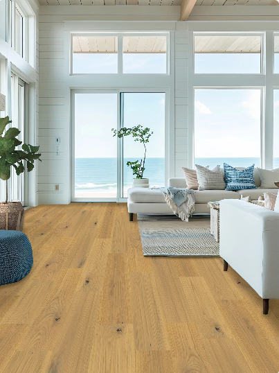 Dune Crest engineered oak hardwood flooring installed in a modern interior with wide 7-1/2" planks & 2mm Veneer. Canada-wide delivery Available. 
