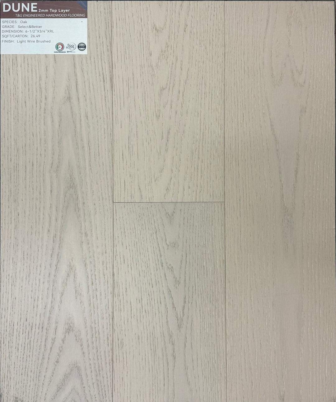 Dune Weiss engineered hardwood sample, 2mm top veneer layer and tough and groove installation system. Available at Advanced Flooring Waterloo.