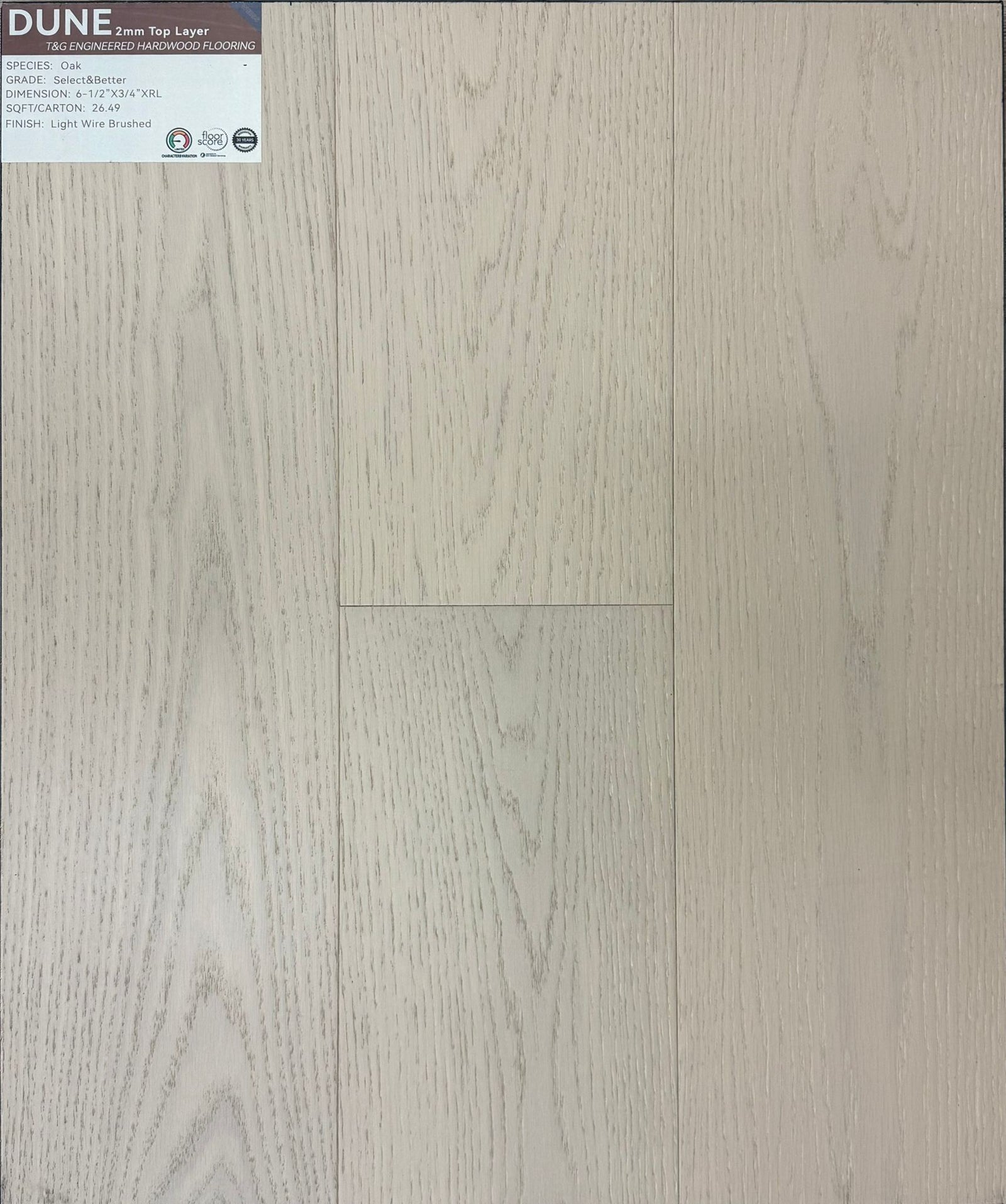 Dune Weiss engineered hardwood sample, 2mm top veneer layer and tough and groove installation system. Available at Advanced Flooring Waterloo.