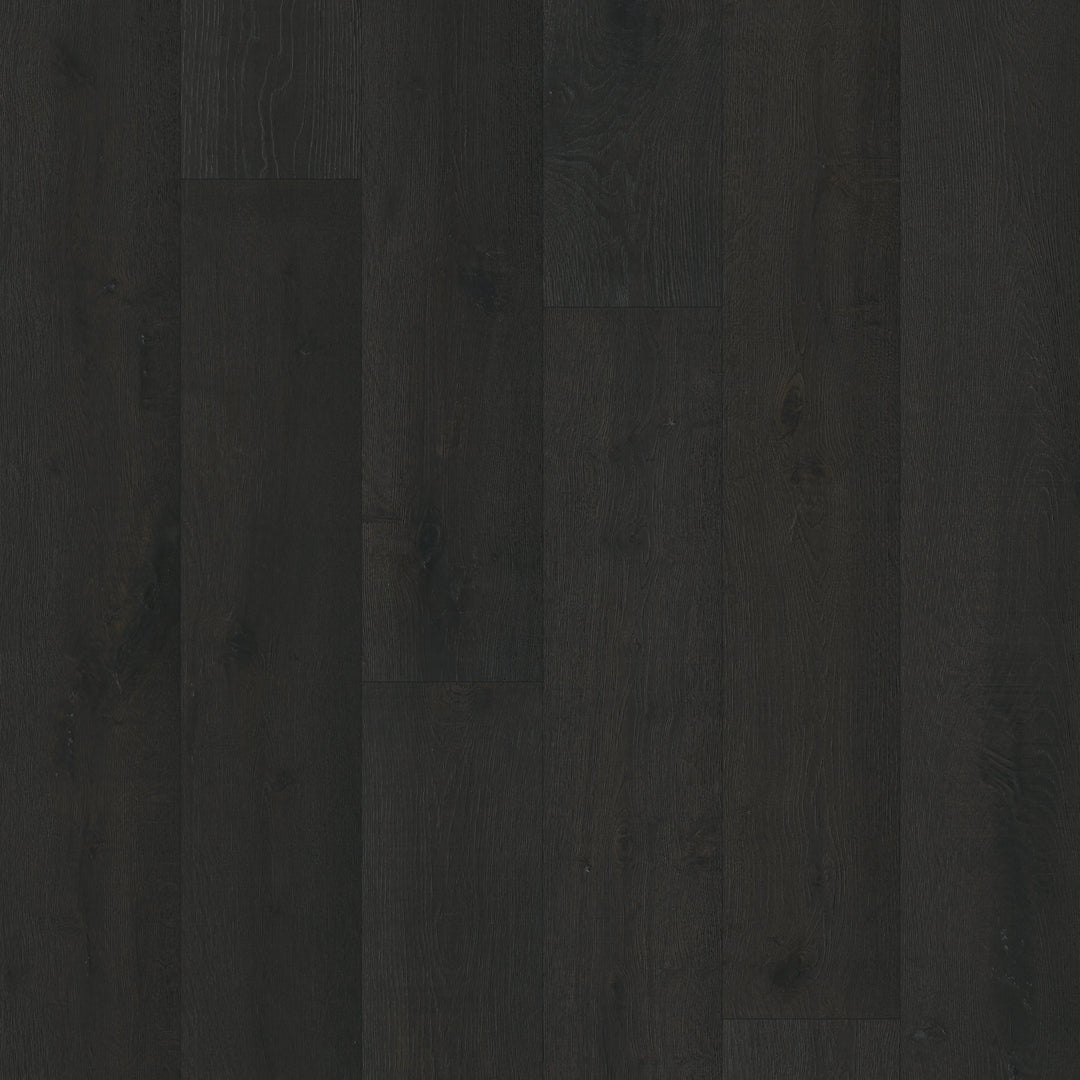 Eboncrest by Fuzion TruNorth engineered hardwood flooring featuring dark black color, wide planks, and a durable 3mm top layer.
