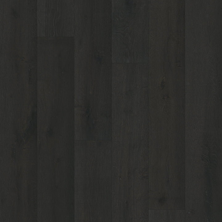 Eboncrest by Fuzion TruNorth engineered hardwood flooring featuring dark black color, wide planks, and a durable 3mm top layer.