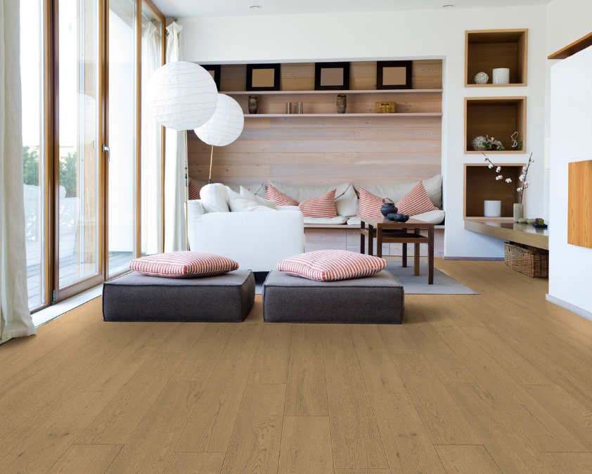 Eclair engineered oak hardwood flooring installed in a modern room, featuring wide 5" x 3/4" planks, 3mm - 4mm veneer layer, and natural wire-brushed finish. 