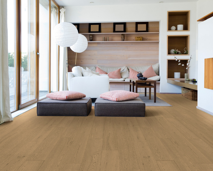 Eclair engineered oak hardwood flooring installed in a modern room, featuring wide 5" x 3/4" planks, 3mm - 4mm veneer layer, and natural wire-brushed finish. 
