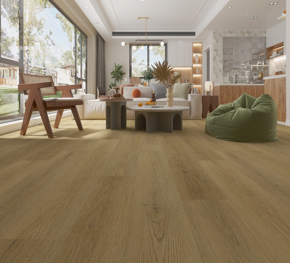 Light oak wood flooring in a modern, bright living room with a green bean bag chair, wooden armchair, and large windows.