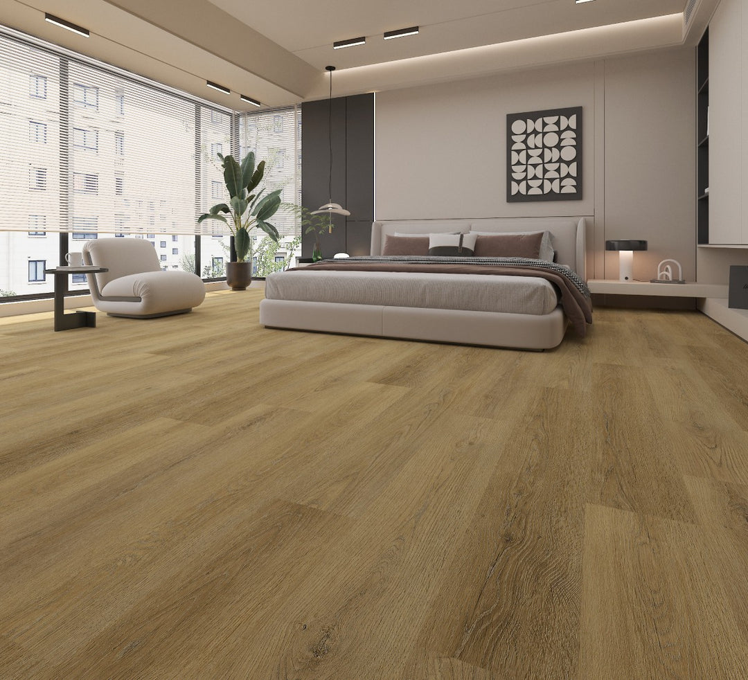 Light oak wood plank flooring shown in a modern, minimalist bedroom setting with a low-profile platform bed, neutral beige walls, and large windows.