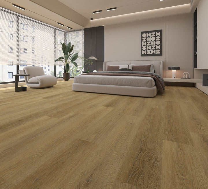 Light oak wood plank flooring shown in a modern, minimalist bedroom setting with a low-profile platform bed, neutral beige walls, and large windows.