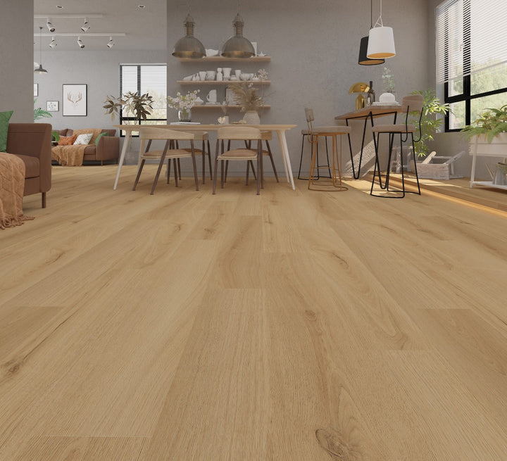 Light oak wood flooring shown in a modern, bright living room with a dining area, shelves, and plants.