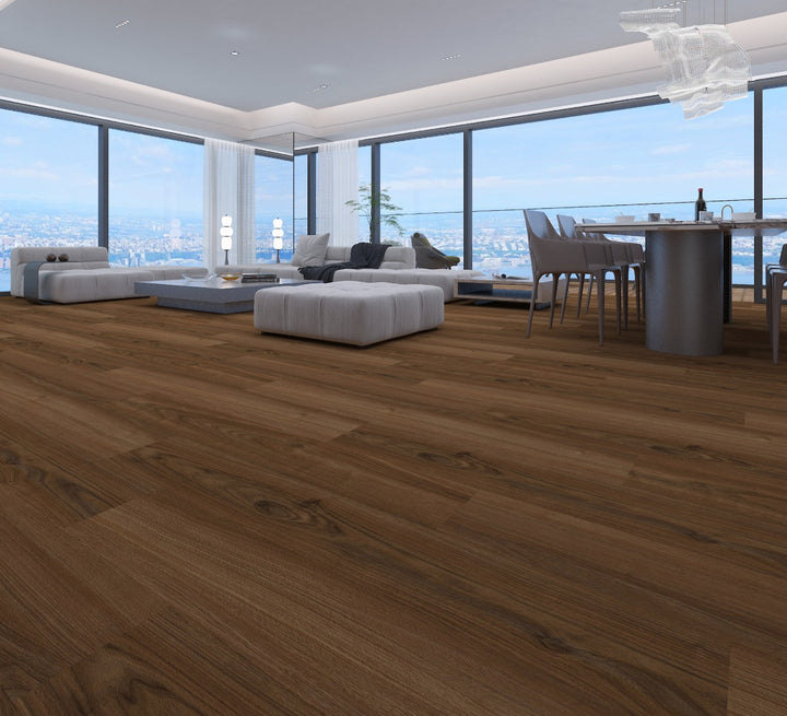Dark brown wood-look laminate or engineered flooring shown installed in a modern, high-rise apartment with large floor-to-ceiling windows and a dining area.