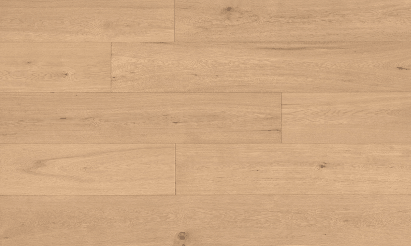 Close-up of exuberant engineered oak hardwood flooring by Fuzion, featuring a wire-brushed texture, 7 1/2" x 9/16" plank. Available at Advanced Flooring Waterloo.