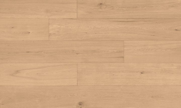 Close-up of exuberant engineered oak hardwood flooring by Fuzion, featuring a wire-brushed texture, 7 1/2" x 9/16" plank. Available at Advanced Flooring Waterloo.