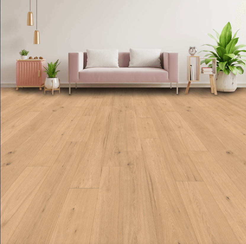 Exuberant engineered oak hardwood flooring installed in a modern interior with wide 7 1/2 inch planks & 3mm Veneer from Fuzion’s Expressions. Canada-wide delivery Available. 