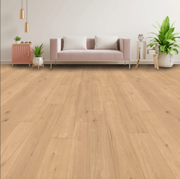 Exuberant engineered oak hardwood flooring installed in a modern interior with wide 7 1/2 inch planks & 3mm Veneer from Fuzion’s Expressions. Canada-wide delivery Available. 