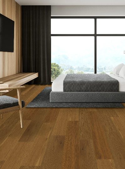 Faint Fable engineered oak hardwood flooring installed in a modern interior with wide 6 1/2 inch planks, from Fuzion’s Demure Collection. Canada-wide delivery Available. 