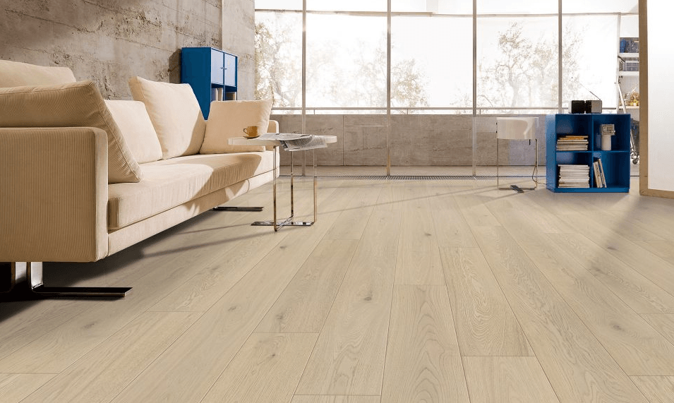 Felicity engineered oak hardwood flooring installed in a modern interior with wide 7 1/2 inch planks & 3mm Veneer from Fuzion’s Expressions. Canada-wide delivery Available.