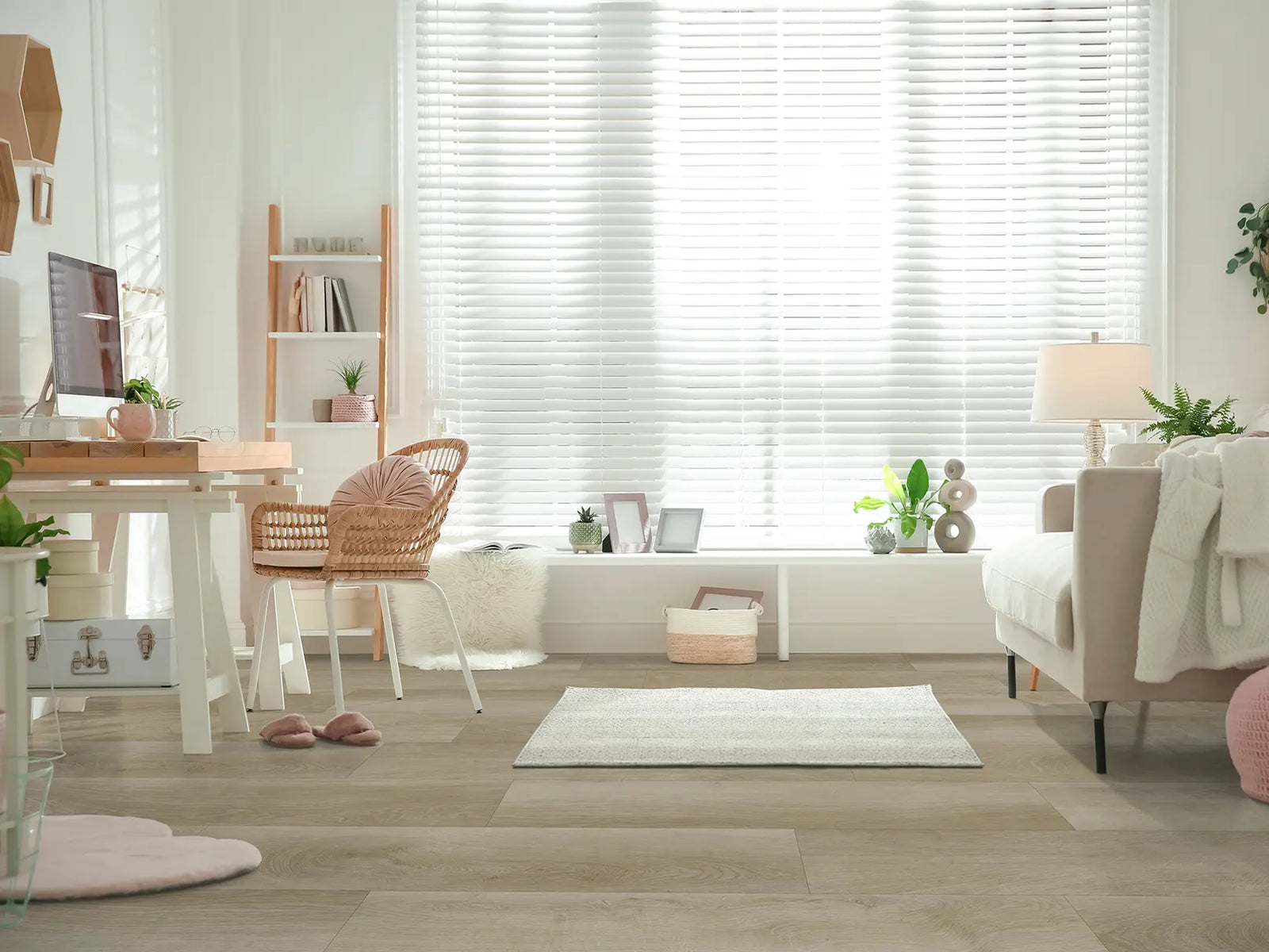 Modern home office with desk, chair, and large window with blinds.