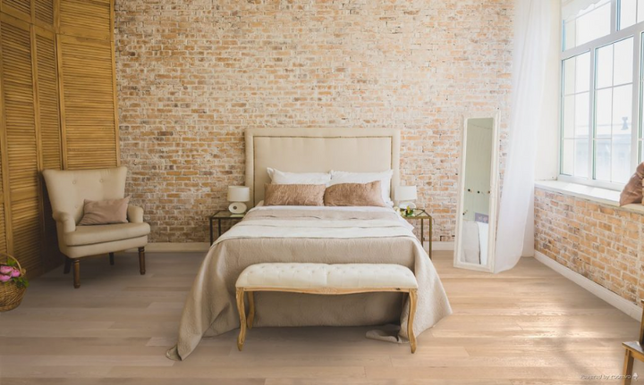 Frappe engineered oak hardwood flooring installed in a modern room, featuring wide 5" x 3/4" planks, 3mm - 4mm veneer layer, and natural wire-brushed finish. 