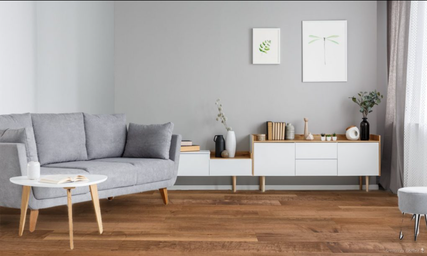 French Roast engineered maple hardwood flooring installed in a modern room, featuring wide 5" x 3/4" planks, 3mm - 4mm veneer layer, and natural wire-brushed finish. 