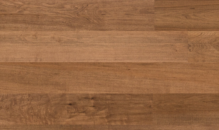 Close-up of Fusion French Roast engineered maple hardwood flooring from Bistro collection showing wire-brushed texture, T&G joint, 5" wide plank detail. Available at Advanced Flooring Waterloo. 