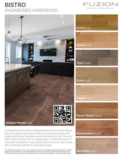 Bistro engineered hardwood by Fuzion, feature oak and maple wood species and modern colors. Available at Advanced Flooring Waterloo.