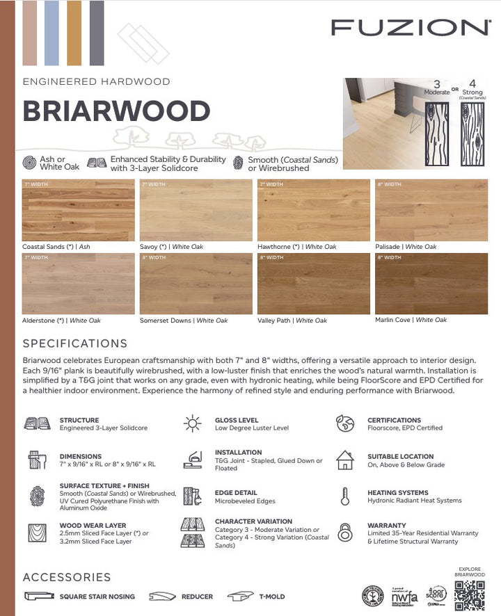 Fuzion Briarwood engineered hardwood flooring specification sheet with various finishes, color swap, and specifications.