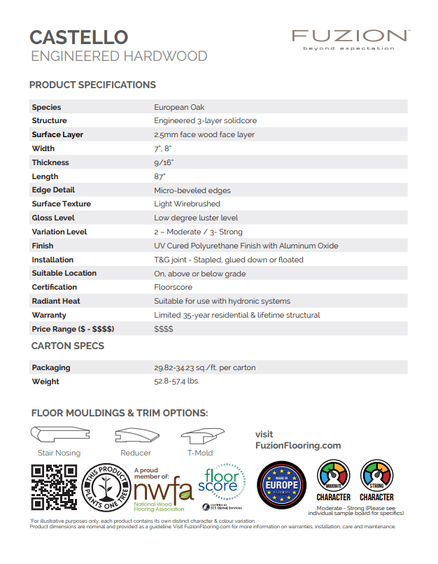 Castello Collection by Fuzion, European Oak 7" x 9/16" Engineered Hardwood T&G, product specification - ADVANCED FLOORING WATERLOO