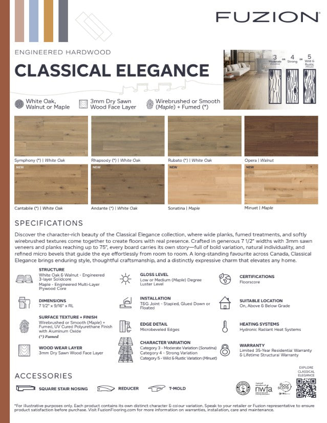 Fuzion Classical Elegance engineered hardwood specification sheet with color samples and details. Available in Waterloo & Kitchener