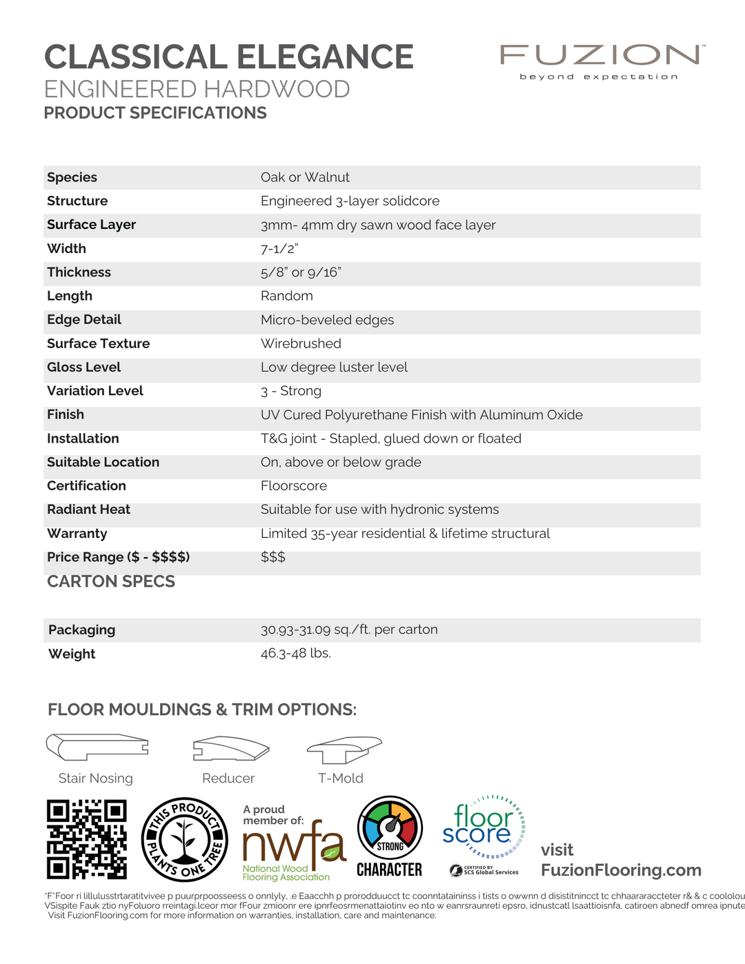 Product specifications for Fuzion Classical Elegance Rubato engineered oak hardwood flooring – 7-1/2 inch wide planks with low-luster finish and hydronic heat compatibility.