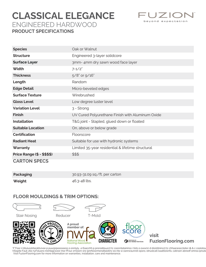 Product specifications for Fuzion Classical Elegance Rubato engineered oak hardwood flooring – 7-1/2 inch wide planks with low-luster finish and hydronic heat compatibility.