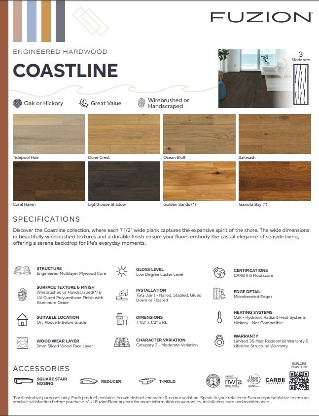 Flooring specifications of Fuzion's coastline engineered hardwood collection. 