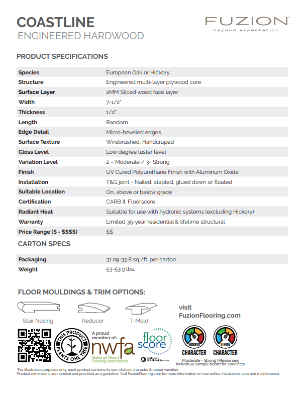 Fuzion Oak 7-1/2" x 1/2" Engineered Hardwood T&G - Coastline collection. ADVANCED FLOORING