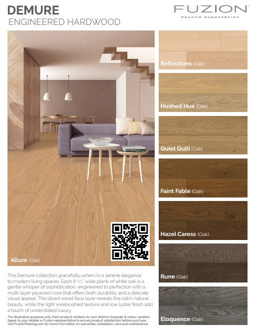 Demure engineered hardwood collection by Fuzion. Features a 6 1/2" wide plank and wire-brushed texture. Available at Advanced Flooring Waterloo.