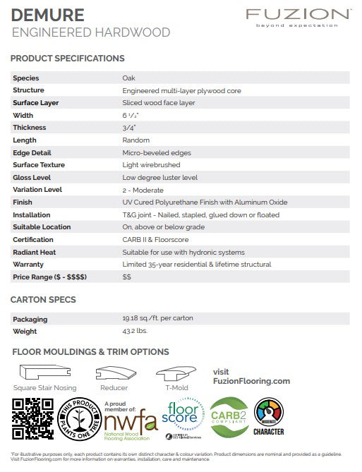 DEMURE Engineered Hardwood collection by Fuzion, product specifications. 