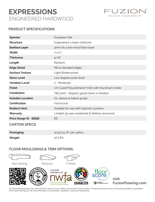 Fuzion European Oak 7-1/2" x 9/16" Engineered Hardwood T&G - from Expressions Collection. ADVANCED FLOORING WATERLOO. 