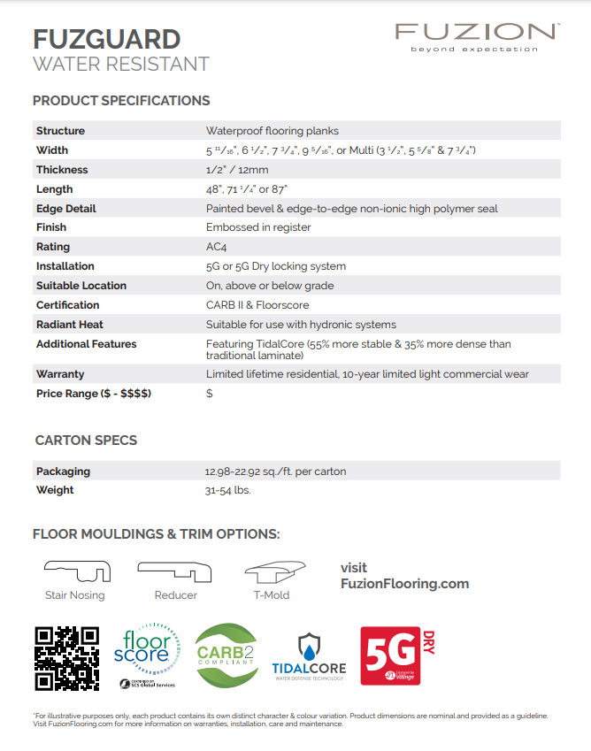 Waterproof Laminate by Fuzion's FuzGuard Collection. Product specification. Available at Advanced Flooring Waterloo. 