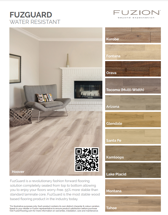 Waterproof Laminate by Fuzion's FuzGuard Collection. Showing color options. Available at Advanced Flooring Waterloo. 