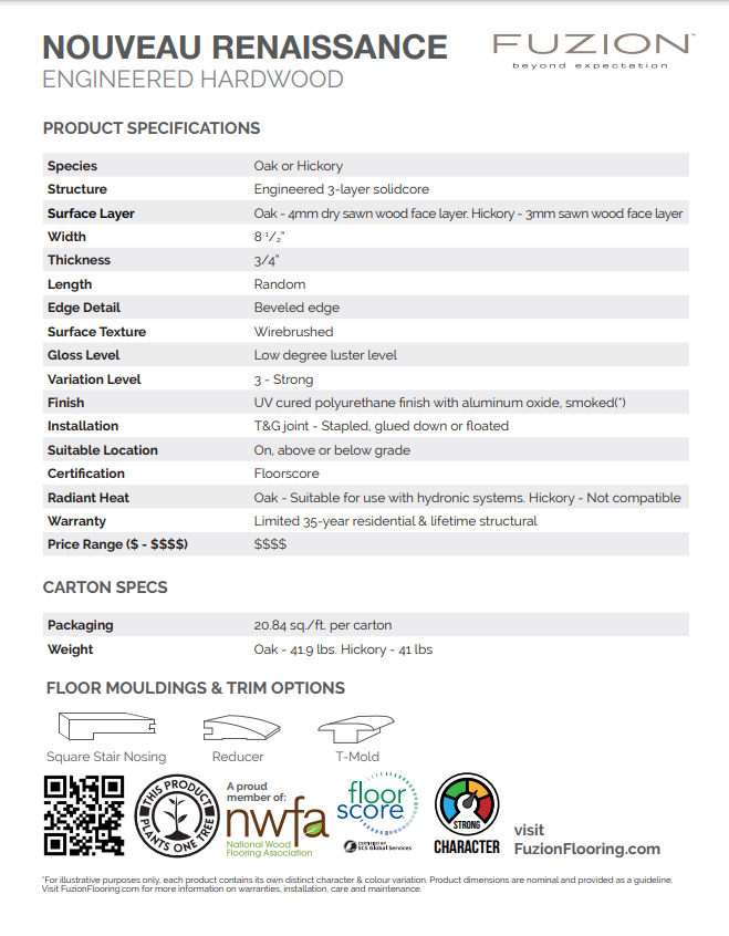 Nouveau Renaissance engineered Hardwood collection by Fuzion. Product Specification Sheet. Available at Advanced Flooring Waterloo. 