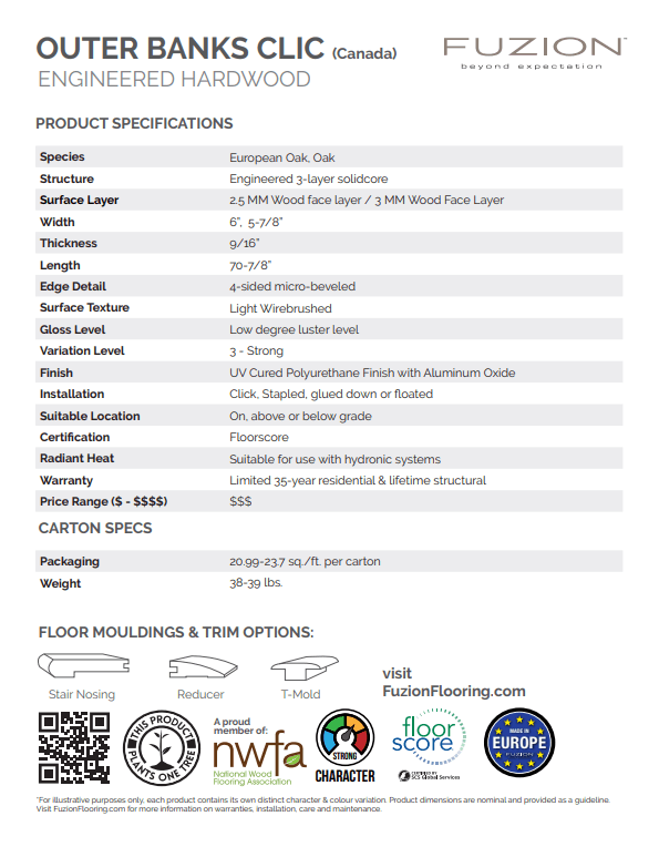 Outer Banks Clic collection by Fuzion, European Oak 6" x 9/16" Engineered Hardwood T&G - Product specification. ADVANCED FLOORING WATERLOO